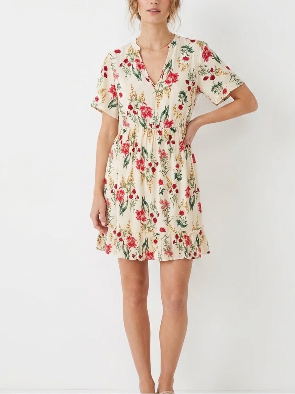 Cure Cream Red Wildflower Floral V-Neck Smocked Dress Ruffle Hem😍